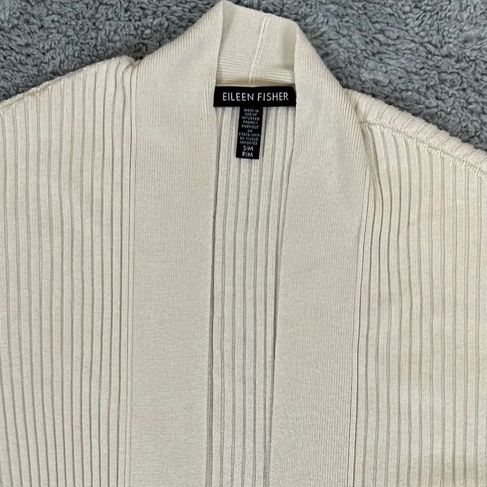Eileen Fisher Cream Ribbed Tencel Lyocell Open Front Longline Vest S/M